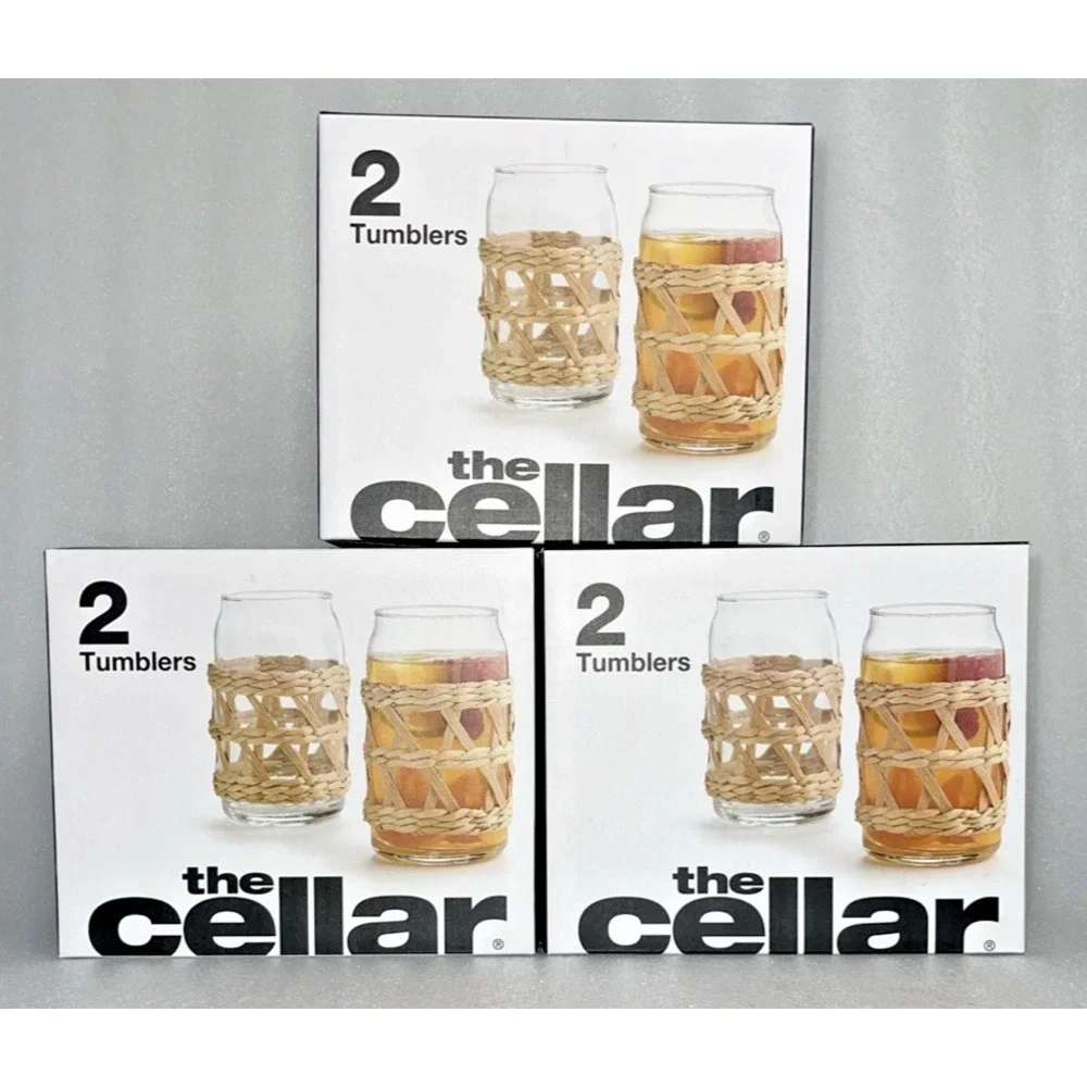 Set of 6 The Cellar Rattan & Glass Tumblers 16.2 oz Each w/ Removable Rattan NEW